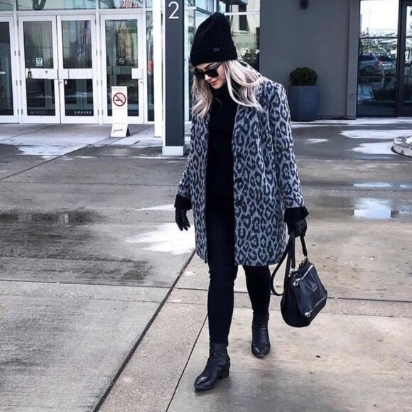 OLSEN WOOL BLEND LEOPARD PRINT COAT IN GREY - Picture 3 of 7